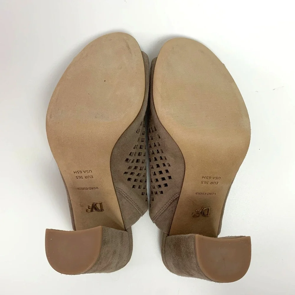New Diane von Furstenberg Taviano Laser Cut Suede Leather Mule Sandals 6.5 Taupe